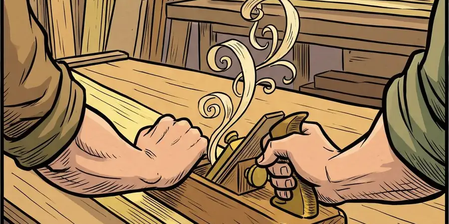 Le mani del falegname sulla pialla, al banco